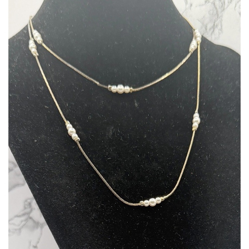 Long Gold Tone‎ Station Necklace Pearl Accents 28" Layering Chain